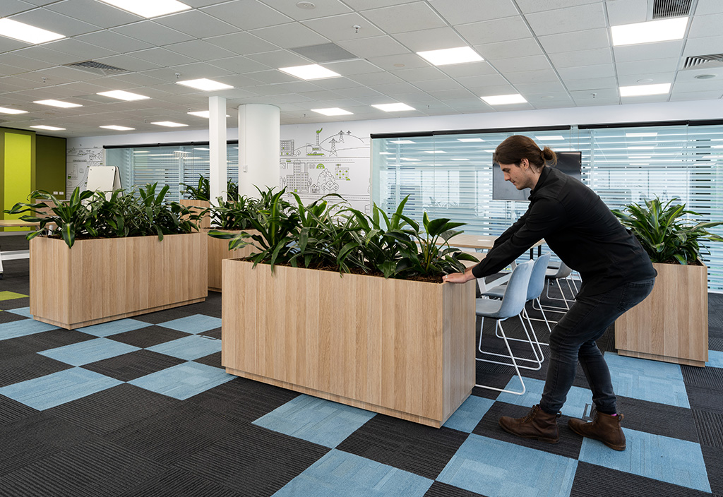 Moving modular office planters and agile office furniture into another position